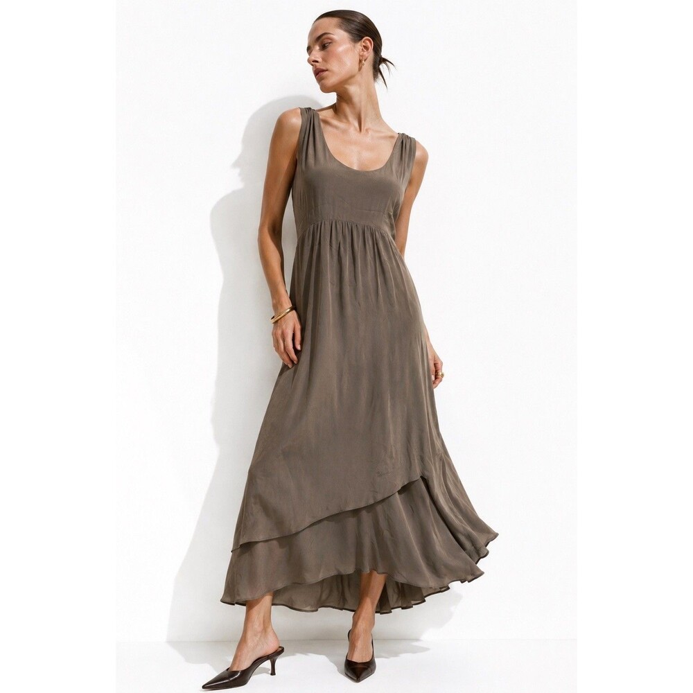 Banana Republic 100% Silk Layered Empire Waist Maxi Dress Taupe Green Size 10